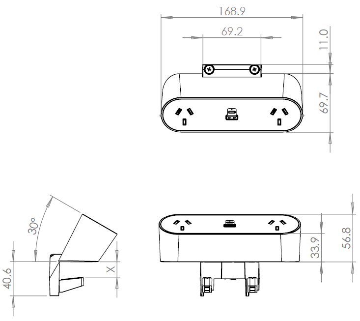 Power Rail - NOVA TRIO: 2 (Double) GPO'S, 30W Shared USB A/C Fast-Charging Outlets with 1000mm Tag Lead and D Splitter