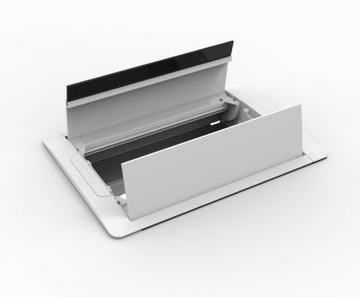 In - Desk Box - ACCEDE: Dual Lid, 2 (Double) GPO'S & 4 (Quad) Data Ports - The Softwiring Shop - Electrical Soft Wiring