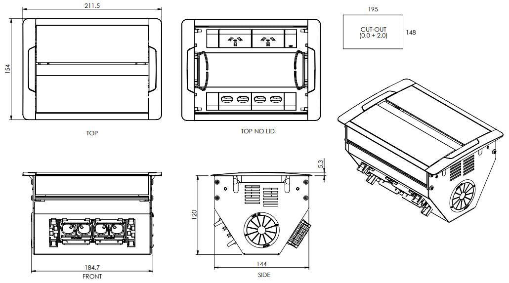 In - Desk Box - ACCEDE: Dual Lid, 2 (Double) GPO'S & 4 (Quad) Data Ports - The Softwiring Shop - Electrical Soft Wiring