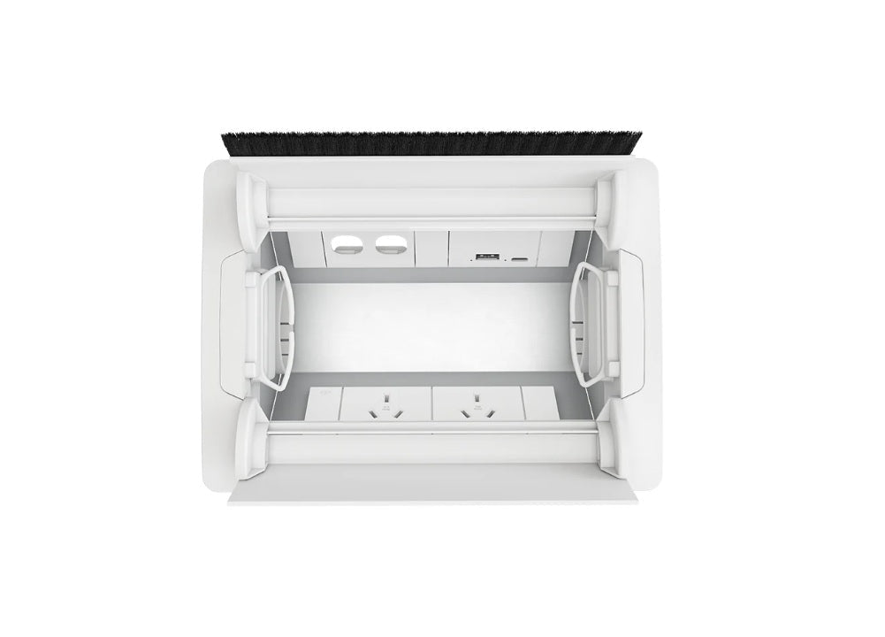 In - Desk Box - ACCEDE: Dual Lid, 2 (Double) GPO'S, USB A/C Fast - Charging Outlets & 2 (Two) Data Ports - The Softwiring Shop - Electrical Soft Wiring