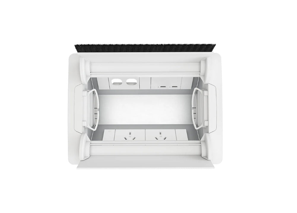 In - Desk Box - ACCEDE: Dual Lid, 2 (Double) GPO'S, USB C/C (65W) Fast - Charging Outlets & 2 (Two) Data Ports