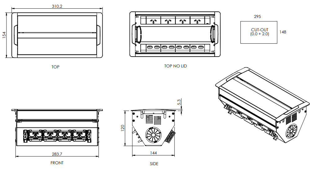 In - Desk Box - ACCEDE: Dual Lid, 4 (Quad) GPO'S & 8 (Eight) Data Ports - The Softwiring Shop - Electrical Soft Wiring