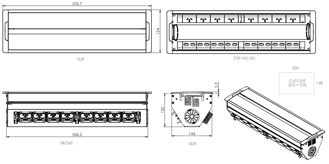 In - Desk Box - ACCEDE: Dual Lid, 8 (Eight) GPO'S & 16 (Sixteen) Data Ports - The Softwiring Shop - Electrical Soft Wiring