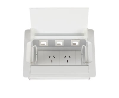 In - Desk Box - ACCEDE: Single Lid, 2 (Double) GPO'S & 3 (Triple) Data Ports - The Softwiring Shop - Electrical Soft Wiring