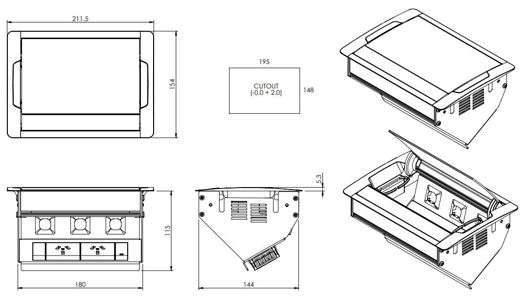 In - Desk Box - ACCEDE: Single Lid, 2 (Double) GPO'S & 3 (Triple) Data Ports - The Softwiring Shop - Electrical Soft Wiring