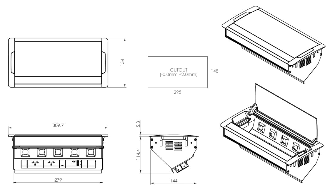 In - Desk Box - ACCEDE: Single Lid, 2 (Double) GPO'S, USB A/C Fast - Charging Outlets (65W Shared) & 5 (Five) Data Ports and D Splitter - The Softwiring Shop - Electrical Soft Wiring