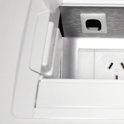 In - Desk Box - ACCEDE: Single Lid, 4 (Quad) GPO'S & 5 (Five) Data Ports - The Softwiring Shop - Electrical Soft Wiring