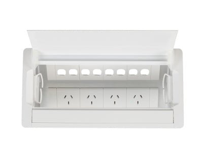 In - Desk Box - ACCEDE: Single Lid, 4 (Quad) GPO'S & 8 (Eight) Data Ports - The Softwiring Shop - Electrical Soft Wiring