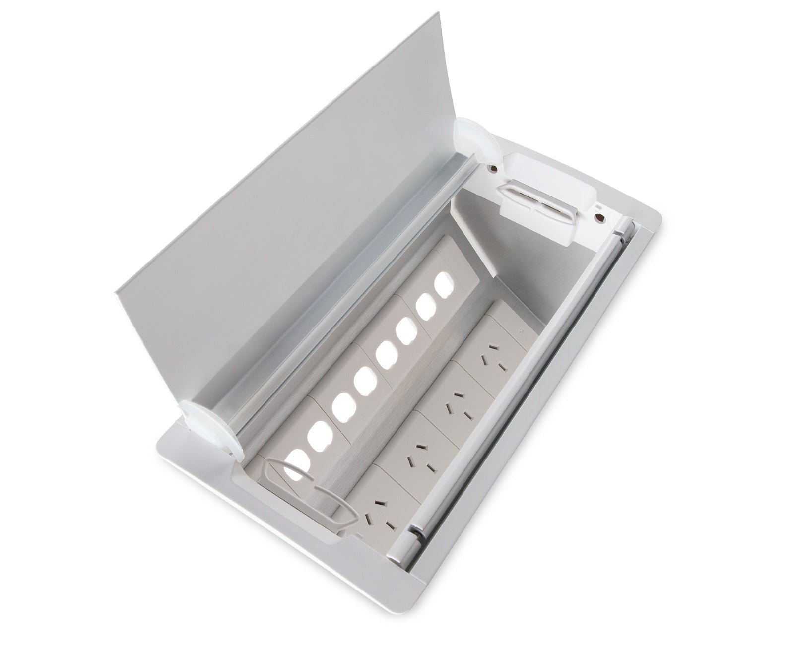 In - Desk Box - ACCEDE: Single Lid, 4 (Quad) GPO'S & 8 (Eight) Data Ports - The Softwiring Shop - Electrical Soft Wiring