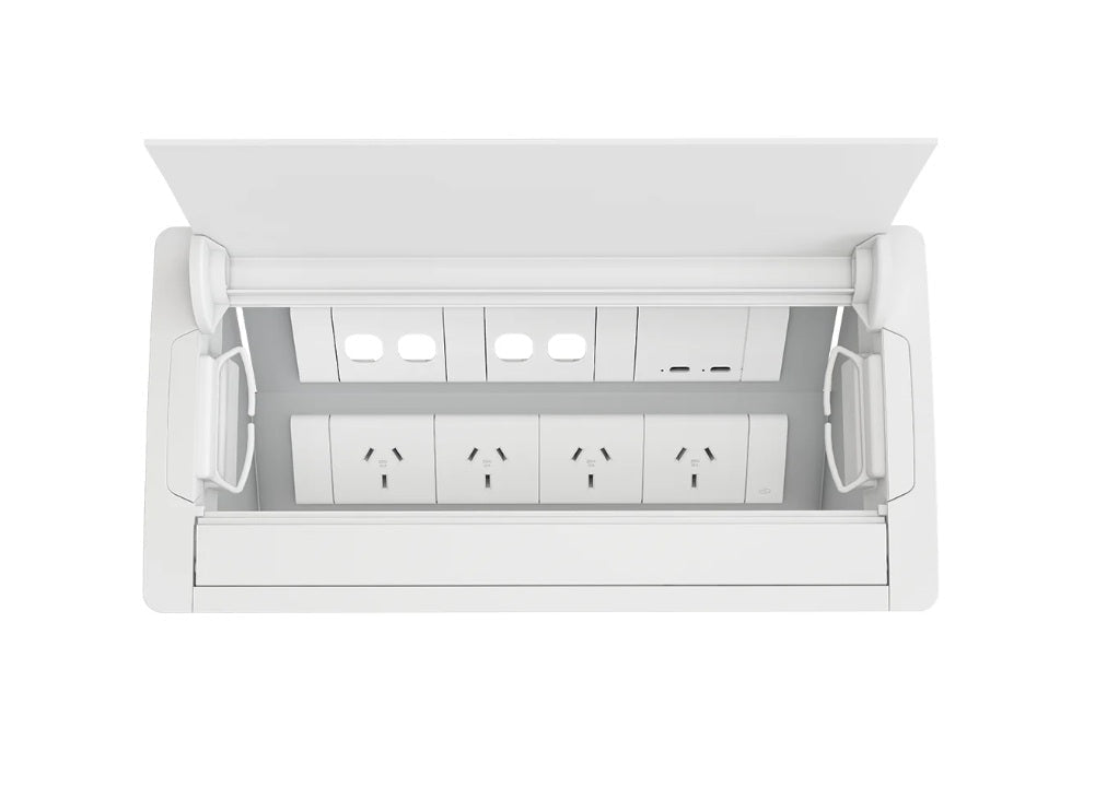 In - Desk Box - ACCEDE: Single Lid, 4 (Quad) GPO'S, USB C/C (65W) Fast - Charging Outlets & 4 (Four) Data Ports - The Softwiring Shop - Electrical Soft Wiring