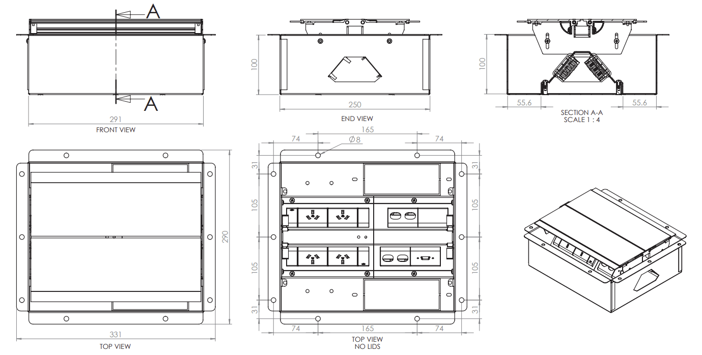 In - Desk Box - EXECUTIVE: Dual Lid, 4 (Quad) GPO'S & 4 (Four) Data Ports & 2 (Two) AV - The Softwiring Shop - Electrical Soft Wiring