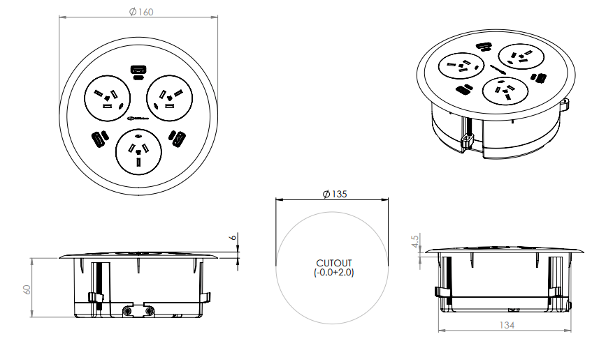 In - Desk Module - BLINKY: 3 (Triple) GPO'S & 3 (Triple) USB A/C Fast - Charging Outlets with 1500mm 3 - Pin Plug Lead - The Softwiring Shop - Electrical Soft Wiring