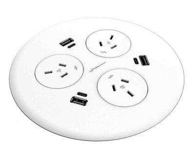 In - Desk Module - BLINKY: 3 (Triple) GPO'S & 3 (Triple) USB A/C Fast - Charging Outlets with 500mm Tag Lead - The Softwiring Shop - Electrical Soft Wiring