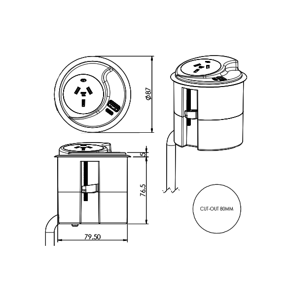 In - Desk Module (DOMESTIC) - KONEXUS: 1x GPO & USB A/C with 3 - Pin Plug Lead - The Softwiring Shop - Electrical Soft Wiring