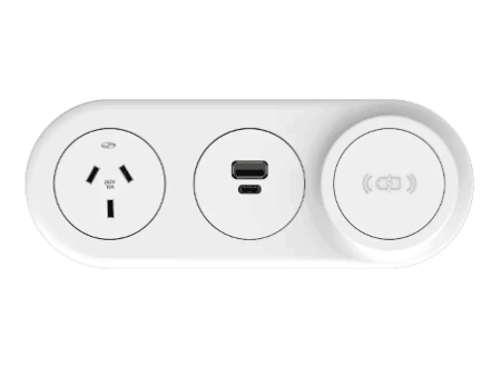 In - Desk Module - ECHO: 1 (Single) GPO & USB A/C (65W) & Magsafe WIRELESS Fast - Charging Outlets with 1500mm 3 - Pin Plug Lead - The Softwiring Shop - Electrical Soft Wiring