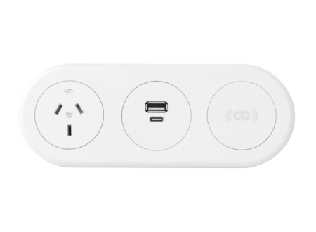 In - Desk Module - ECHO: 1 (Single) GPO, USB A/C & WIRELESS Fast - Charging Outlets with 1000mm Tag Lead and D Splitter - The Softwiring Shop - Electrical Soft Wiring