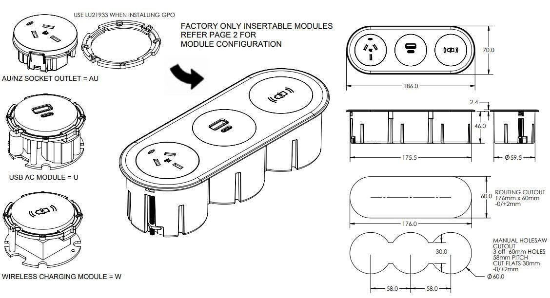 In - Desk Module - ECHO: 1 (Single) GPO& USB A/C & WIRELESS Fast - Charging Outlets with 1500mm 3 - Pin Plug Lead