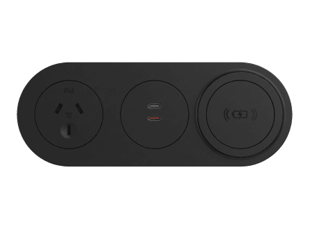 In - Desk Module - ECHO: 1 (Single) GPO, USB C/C (65W) & Magsafe WIRELESS Fast - Charging Outlets with 1000mm Tag Lead and D Splitter - The Softwiring Shop - Electrical Soft Wiring