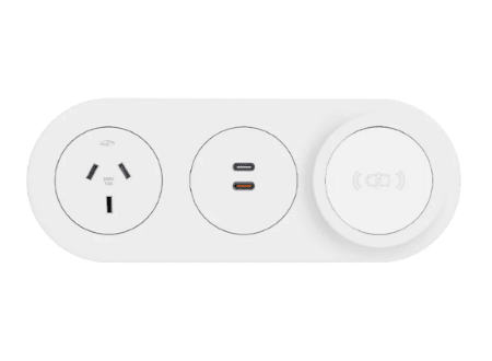 In - Desk Module - ECHO: 1 (Single) GPO, USB C/C (65W) & Magsafe WIRELESS Fast - Charging Outlets with 1000mm Tag Lead and D Splitter - The Softwiring Shop - Electrical Soft Wiring