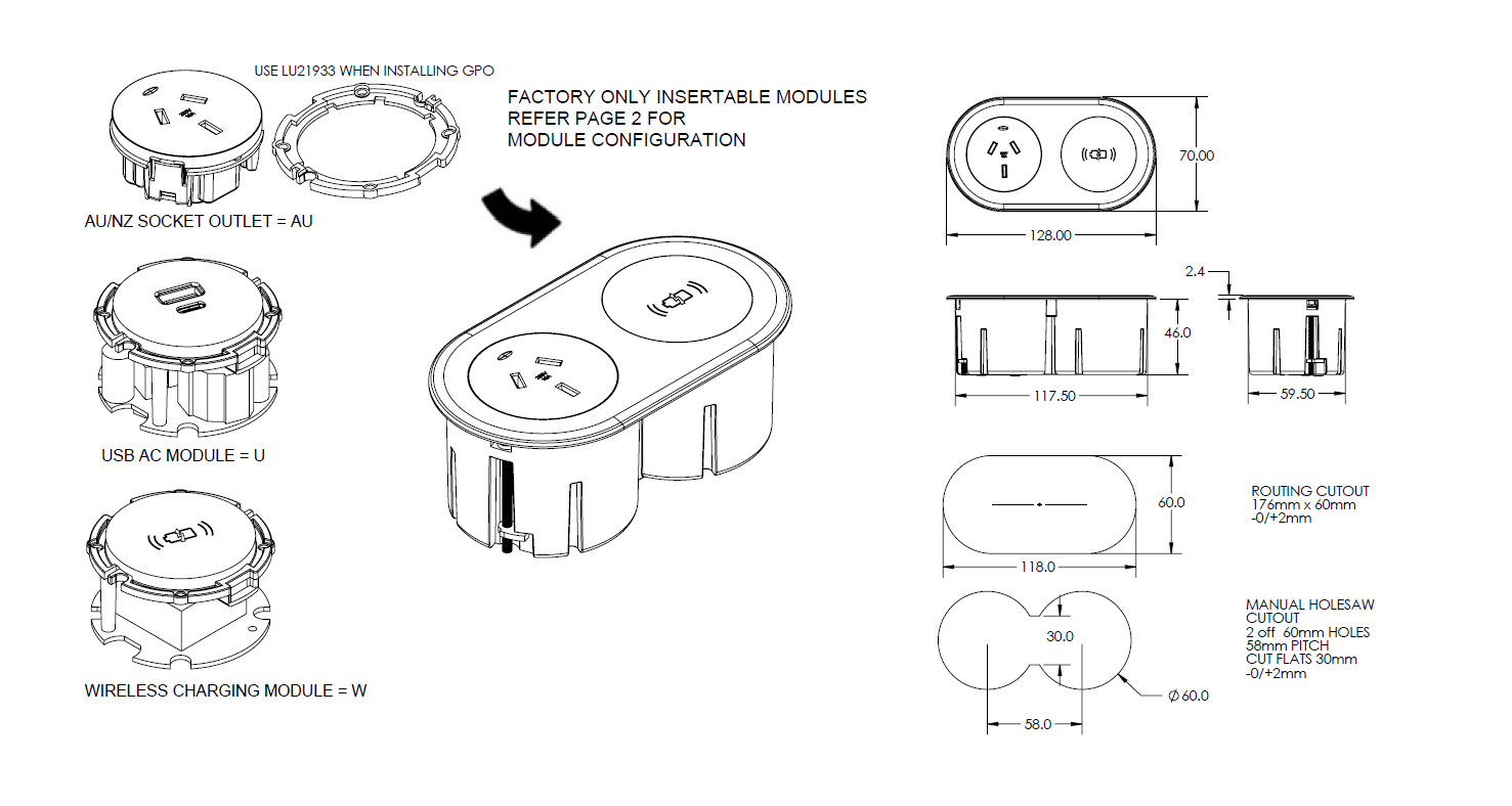 In - Desk Module - ECHO: 1 (Single) GPO & WIRELESS 3 - Plug Lead - The Softwiring Shop - Electrical Soft Wiring
