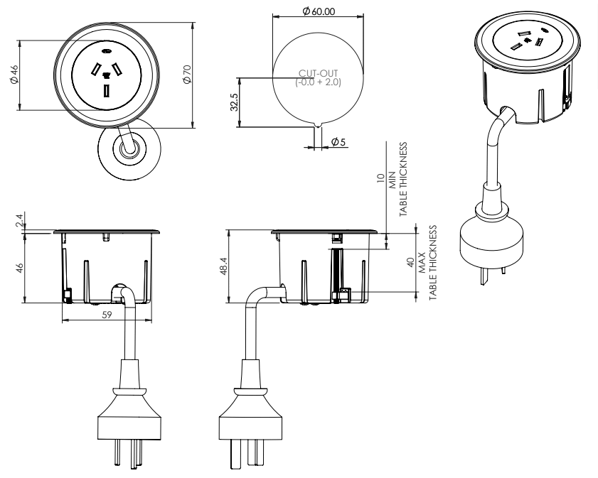 In - Desk Module - ECHO: 1 (Single) GPO with 1500mm Lead and 3 - Pin Plug Lead - The Softwiring Shop - Electrical Soft Wiring