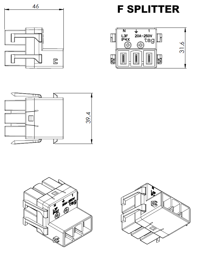 In - Desk Module - ECHO: 1 (Single) GPO with 500mm Tag Lead and F Splitter - The Softwiring Shop - Electrical Soft Wiring