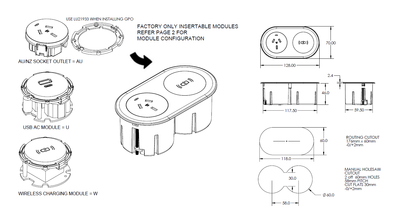 In - Desk Module - ECHO: USB A/C & WIRELESS Fast - Charging Outlets with 1000mm Tag Lead and D Splitter