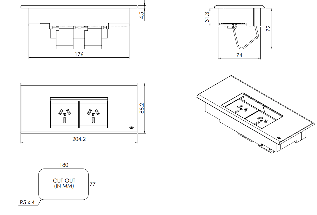 In - Desk Module - FLIP Surface Mount: 2 (Double) GPO's - The Softwiring Shop - Electrical Soft Wiring