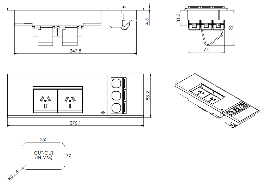 In - Desk Module - FLIP Surface Mount: 2 (Double) GPO'S and 3 (Triple) Data Ports (Retractable Cover)