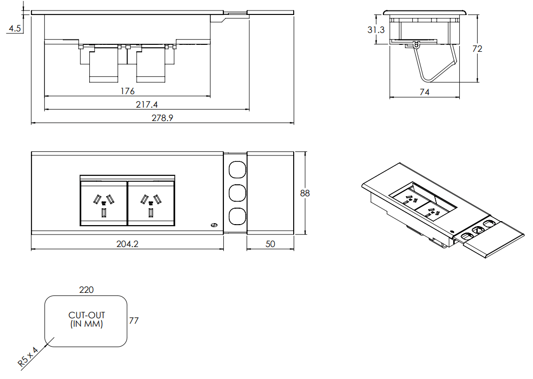 In - Desk Module - FLIP Surface Mount: 2 (Double) GPO'S and 3 (Triple) Data Ports (Sliding Cover) - The Softwiring Shop