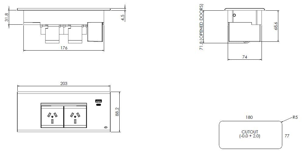 In - Desk Module - FLIP Surface Mount: 2 (Double) GPO'S and USB A/C Outlets - The Softwiring Shop - Electrical Soft Wiring