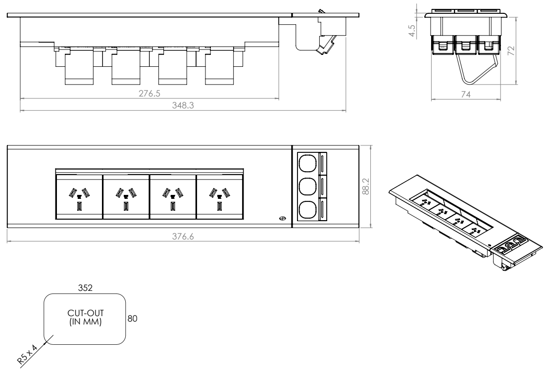 In - Desk Module - FLIP Surface Mount: 4 (Quad) GPO'S and 3 (Triple) Data Ports (Retractable Cover)