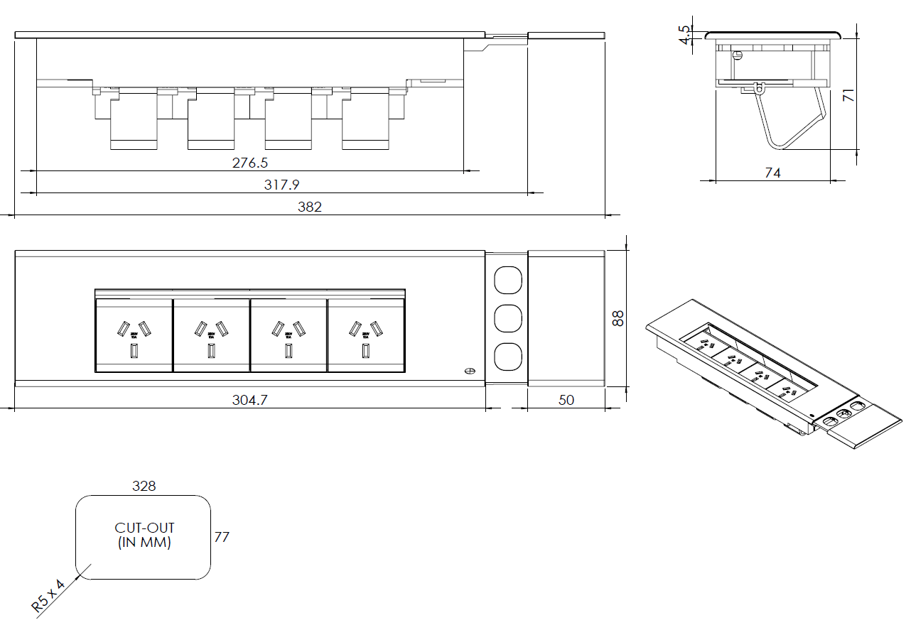 In - Desk Module - FLIP Surface Mount: 4 (Quad) GPO'S and 3 (Triple) Data Ports (Sliding Cover) - The Softwiring Shop - Electrical Soft Wiring