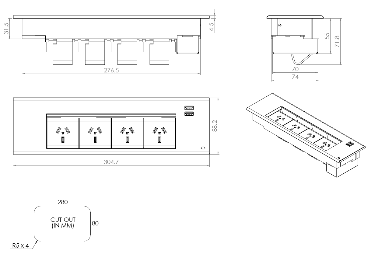 In - Desk Module - FLIP Surface Mount: 4 (Quad) GPO'S and USB A/A Outlets - The Softwiring Shop - Electrical Soft Wiring