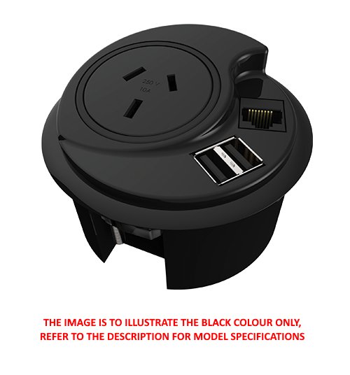 In - Desk Module - KONEXUS: 1 (Single) GPO & USB - A/C Fast - Charging Outlets (30W) with 1000mm Tag Lead and D Splitter - The Softwiring Shop - Electrical Soft Wiring