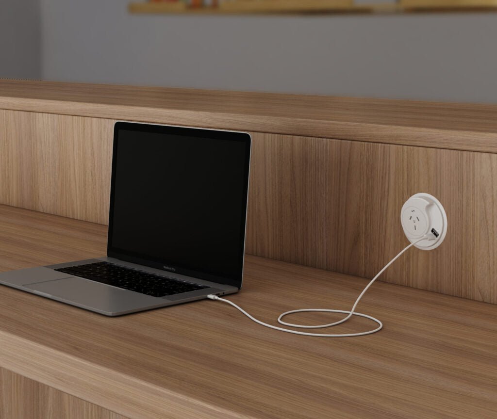 In - Desk Module - KONEXUS: 1 (Single) GPO & USB - A/C Fast - Charging Outlets (30W) with 1000mm Tag Lead and D Splitter - The Softwiring Shop - Electrical Soft Wiring