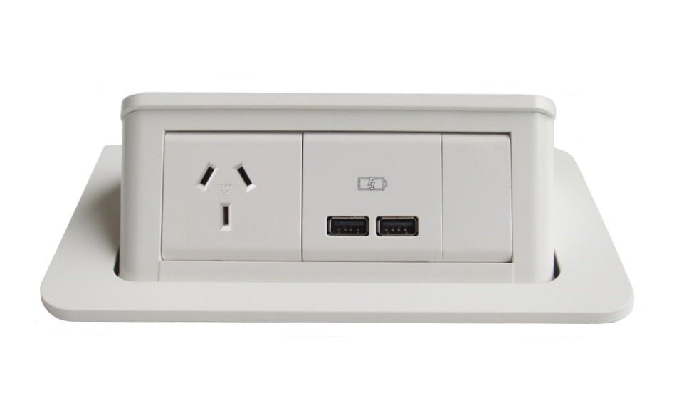 In - Desk Module - POP - UP: 1 (Single) GPO & USB A/A with 1000mm Tag Lead and D Splitter - The Softwiring Shop - Electrical Soft Wiring