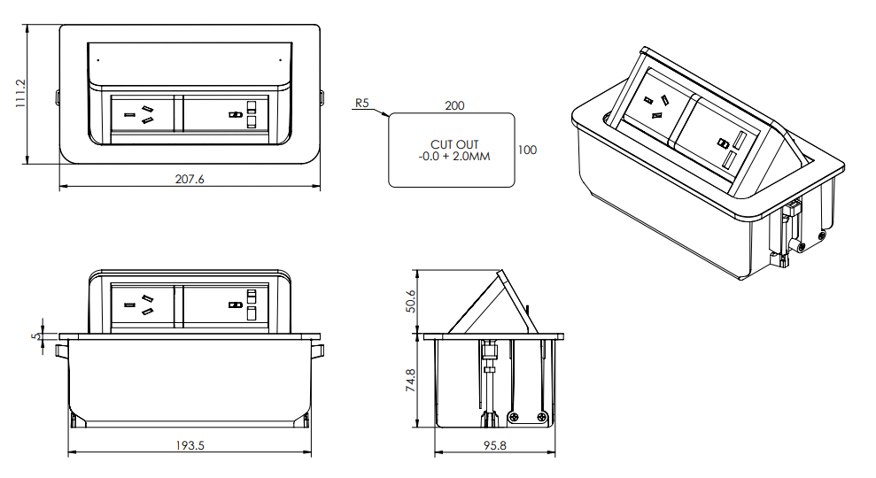 In - Desk Module - POP - UP: 1 (Single) GPO & USB A/C (30W Shared) with 1000mm Tag Lead and D Splitter - The Softwiring Shop - Electrical Soft Wiring