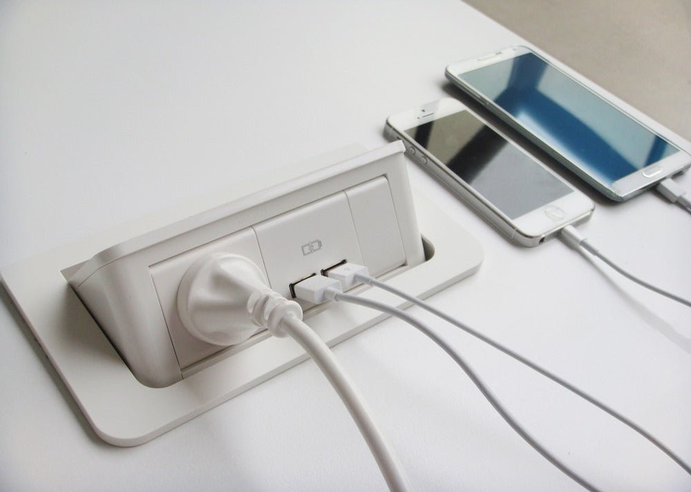 In - Desk Module - POP - UP: 1 (Single) GPO & USB A/C (65W Shared) with 1000mm Tag Lead and D Splitter - The Softwiring Shop - Electrical Soft Wiring