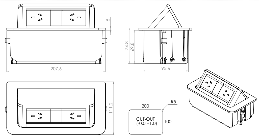 In - Desk Module - POP - UP: 2 (Double) ROTATED GPO'S with 1500mm 3 - Pin Plug Lead - The Softwiring Shop - Electrical Soft Wiring