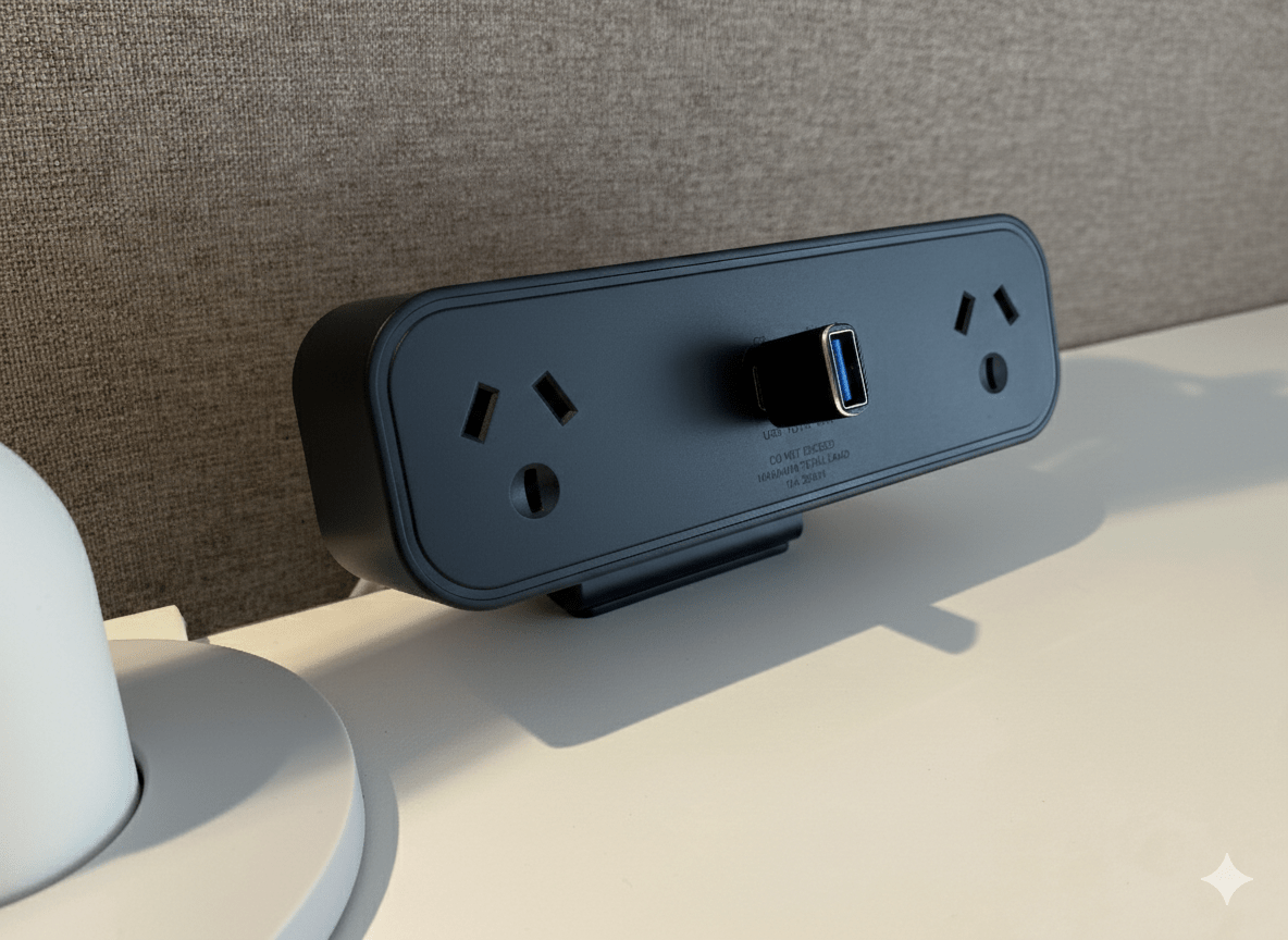 Power Rail: 2 (Double) GPO'S & USB A/C (65W) using a USB A Adaptor with 3 - pin Plug Lead - The Softwiring Shop - Electrical Soft Wiring