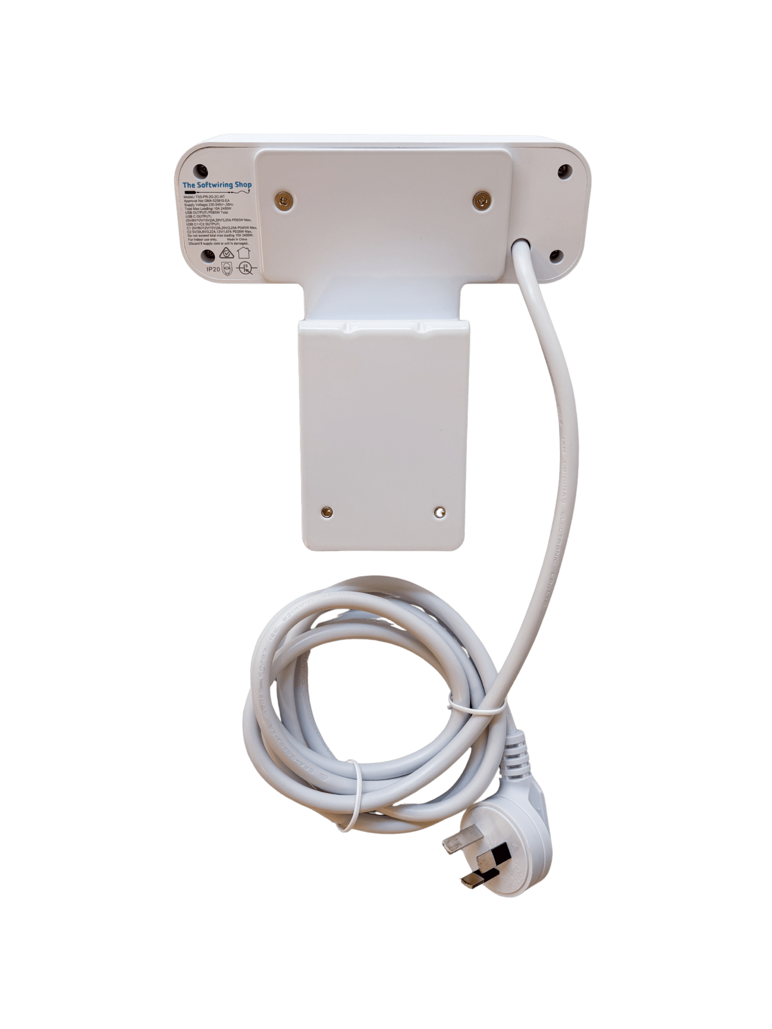 Power Rail: 2 (Double) GPO'S & USB A/C (65W) using a USB A Adaptor with 3 - pin Plug Lead - The Softwiring Shop - Electrical Soft Wiring