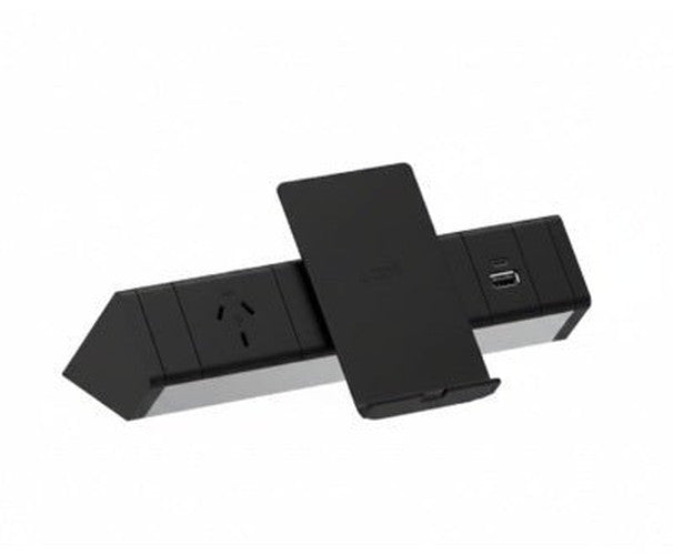 Power Rail - ATHENA 2: 1 (Single) GPO, Wireless Charger Stand & USB A/C (100W) Fast - Charging Outlets with 1000mm Tag Lead and D Splitter - The Softwiring Shop - Electrical Soft Wiring