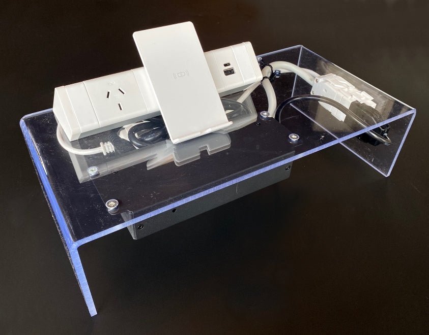 Power Rail - ATHENA 2: 1 (Single) GPO, Wireless Charger Stand & USB A/C Fast - Charging Outlets with 1000mm Tag Lead and D Splitter - The Softwiring Shop - Electrical Soft Wiring