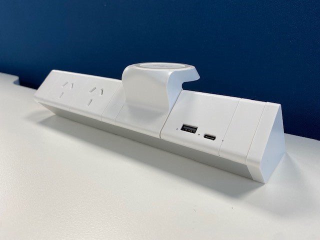 Power Rail - ATHENA 2: 2 (Double) GPO'S, Wireless Charger Pad & USB A/C Fast - Charging Outlets with 1000mm Tag Lead and D Splitter - The Softwiring Shop - Electrical Soft Wiring