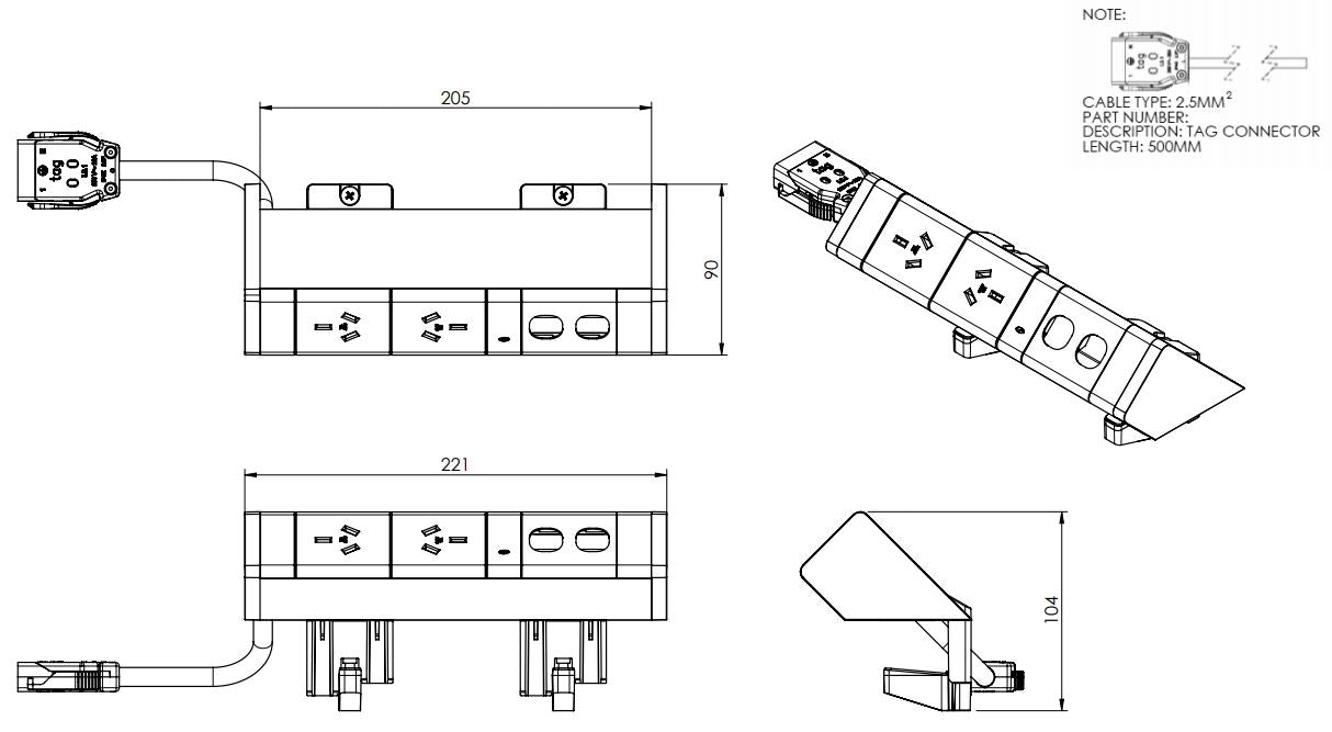 Power Rail - ATHENA 2: 2 (Double) ROTATED GPO'S & 2 (Double) Data Ports with 1000mm Tag Lead and D Splitter - The Softwiring Shop - Electrical Soft Wiring