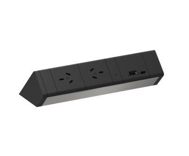 Power Rail - ATHENA 2: 2 (Double) ROTATED GPO'S & USB A/C (65W) Fast - Charging Outlets with 1000mm Tag Lead and D Splitter - The Softwiring Shop - Electrical Soft Wiring