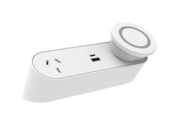 Power Rail - NOVA TRIO: 1 GPO, USB A/C 65W & Magsafe Helipad Wireless Fast - Charging with 1000mm Tag Lead and D Splitter - The Softwiring Shop - Electrical Soft Wiring