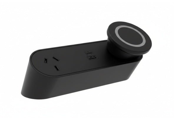 Power Rail - NOVA TRIO: 1 GPO, USB A/C 65W & Magsafe Helipad Wireless Fast - Charging with 1000mm Tag Lead and D Splitter - The Softwiring Shop - Electrical Soft Wiring