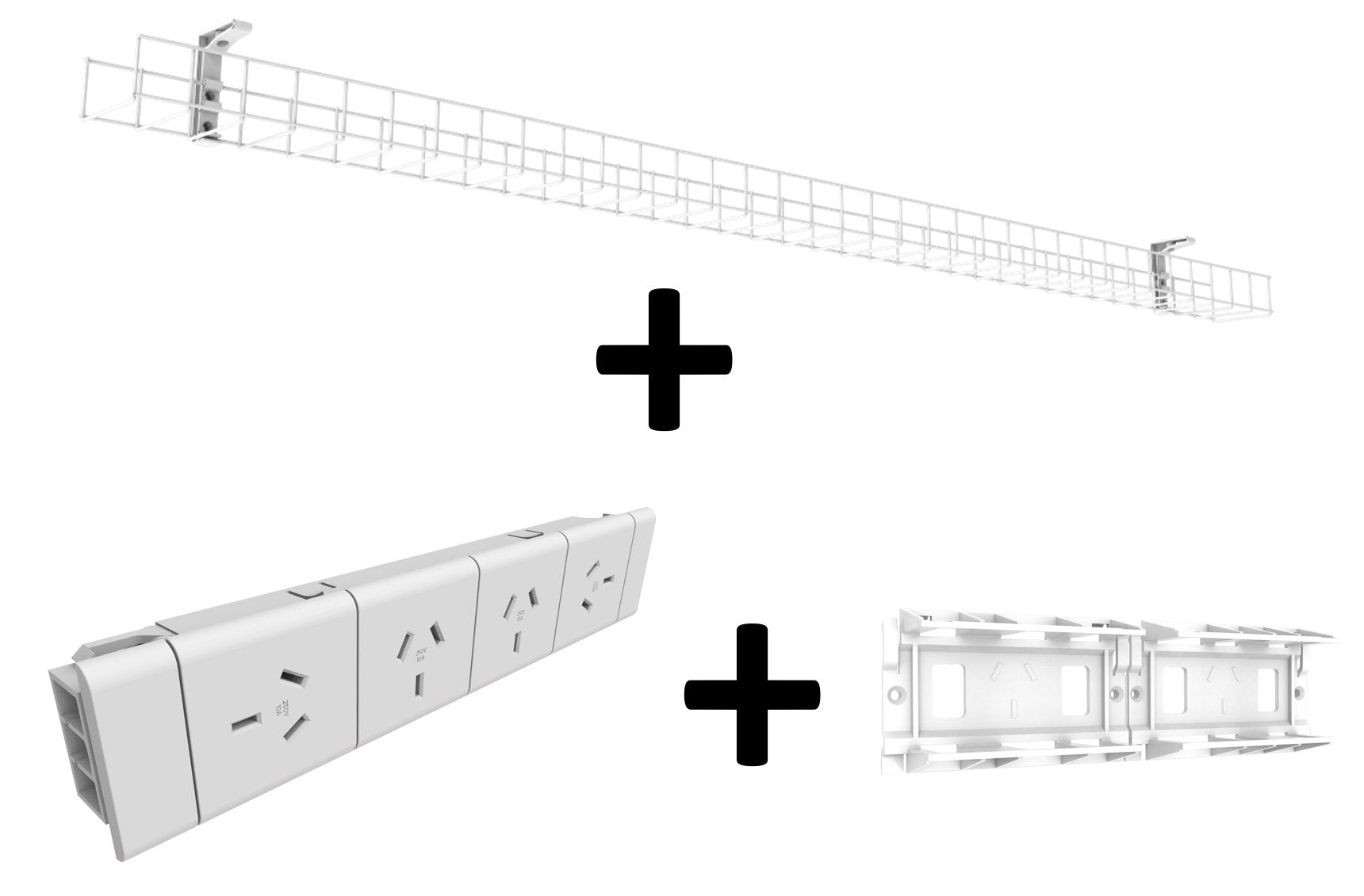 Single Tier Cable Basket including 4 (Quad) GPO Module - ROTATED END GPO'S and GPO Clip - The Softwiring Shop - Electrical Soft Wiring